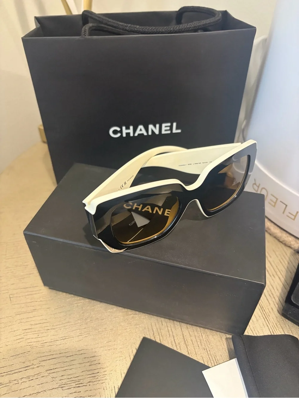 CHANEL 6059 Black and Milky White Square Oversized Sunglasses with Brown Lenses